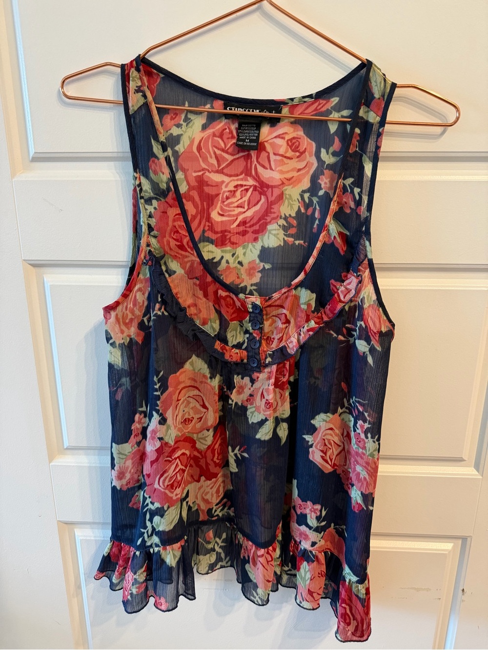 Navy Floral Sheer Ruffle-Trim Camisole